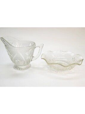 Jeanette Glass Iris Creamer and Sugar Bowl Depression Era Vintage Clear PR610